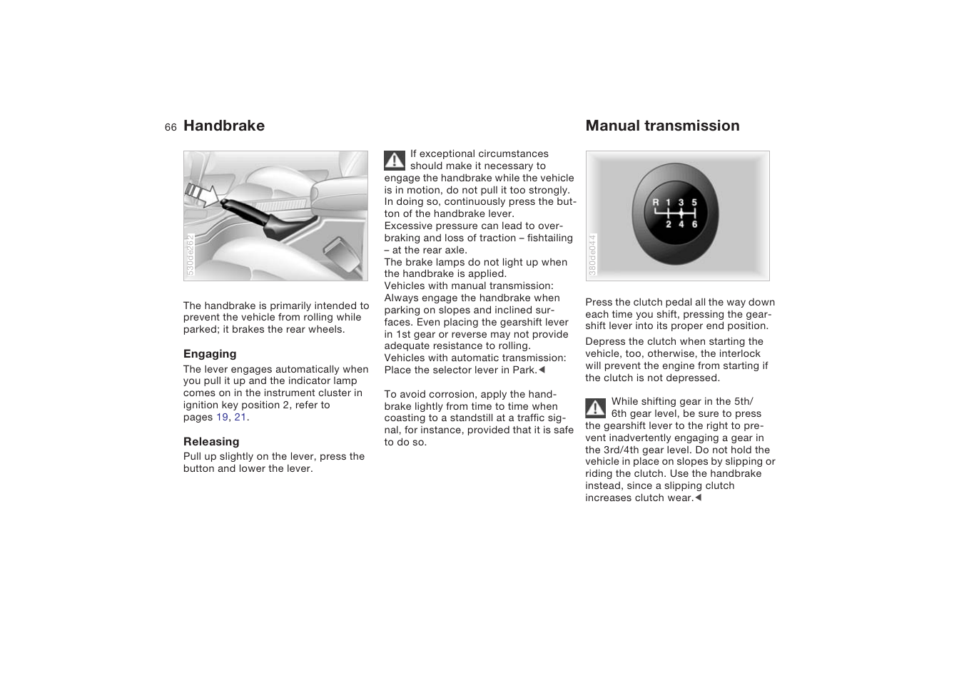 Handbrake, Manual transmission, Handbrake manual transmission | BMW X5 4.8is SAV 2004 User Manual | Page 68 / 200