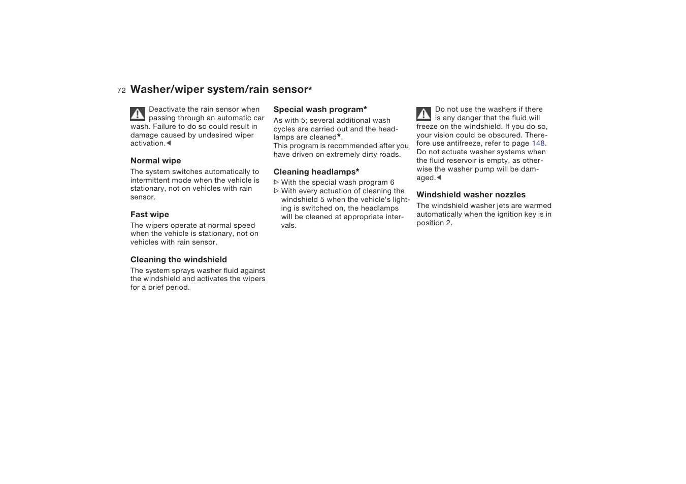 Washer/wiper system/rain sensor | BMW X5 4.8is SAV 2004 User Manual | Page 74 / 200