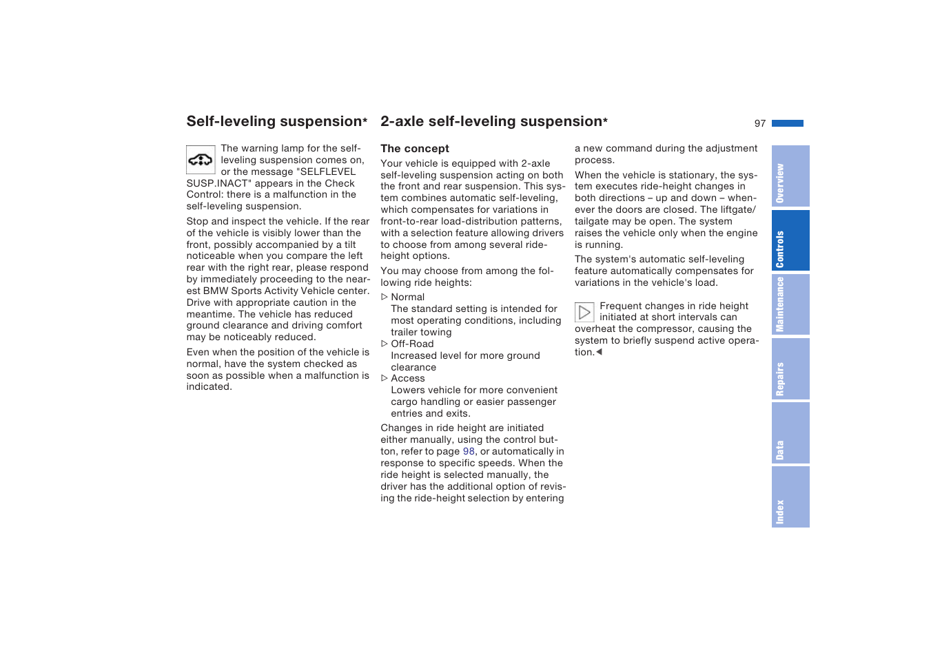 Self-leveling suspension, Axle self-leveling suspension, Suspension | BMW X5 4.8is SAV 2004 User Manual | Page 99 / 200