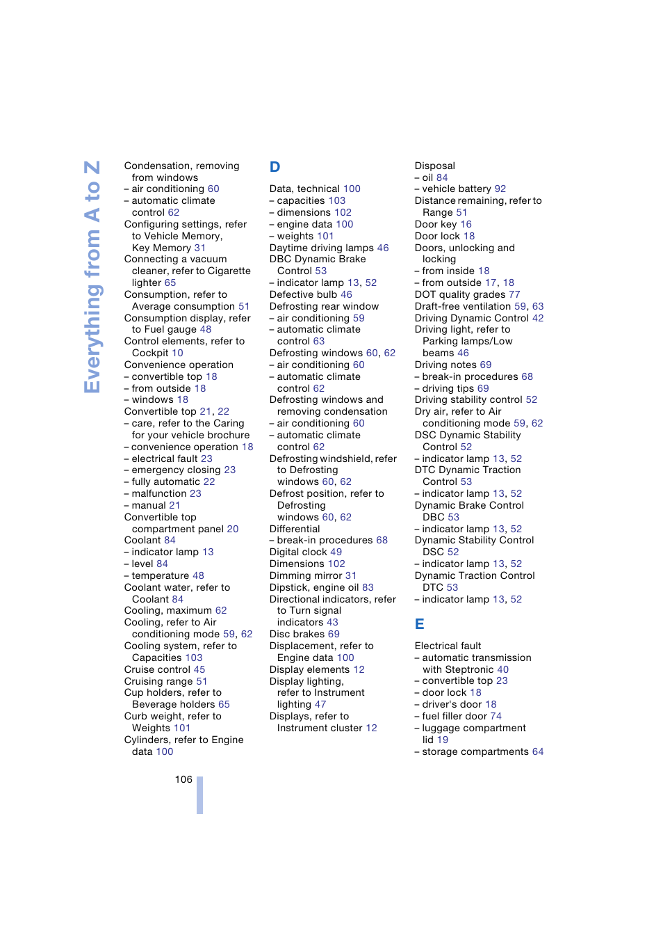 Everything from a to z | BMW Z4 Roadster 2.5i 2004 User Manual | Page 108 / 120