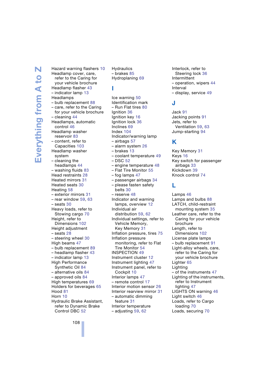 Everything from a to z | BMW Z4 Roadster 2.5i 2004 User Manual | Page 110 / 120