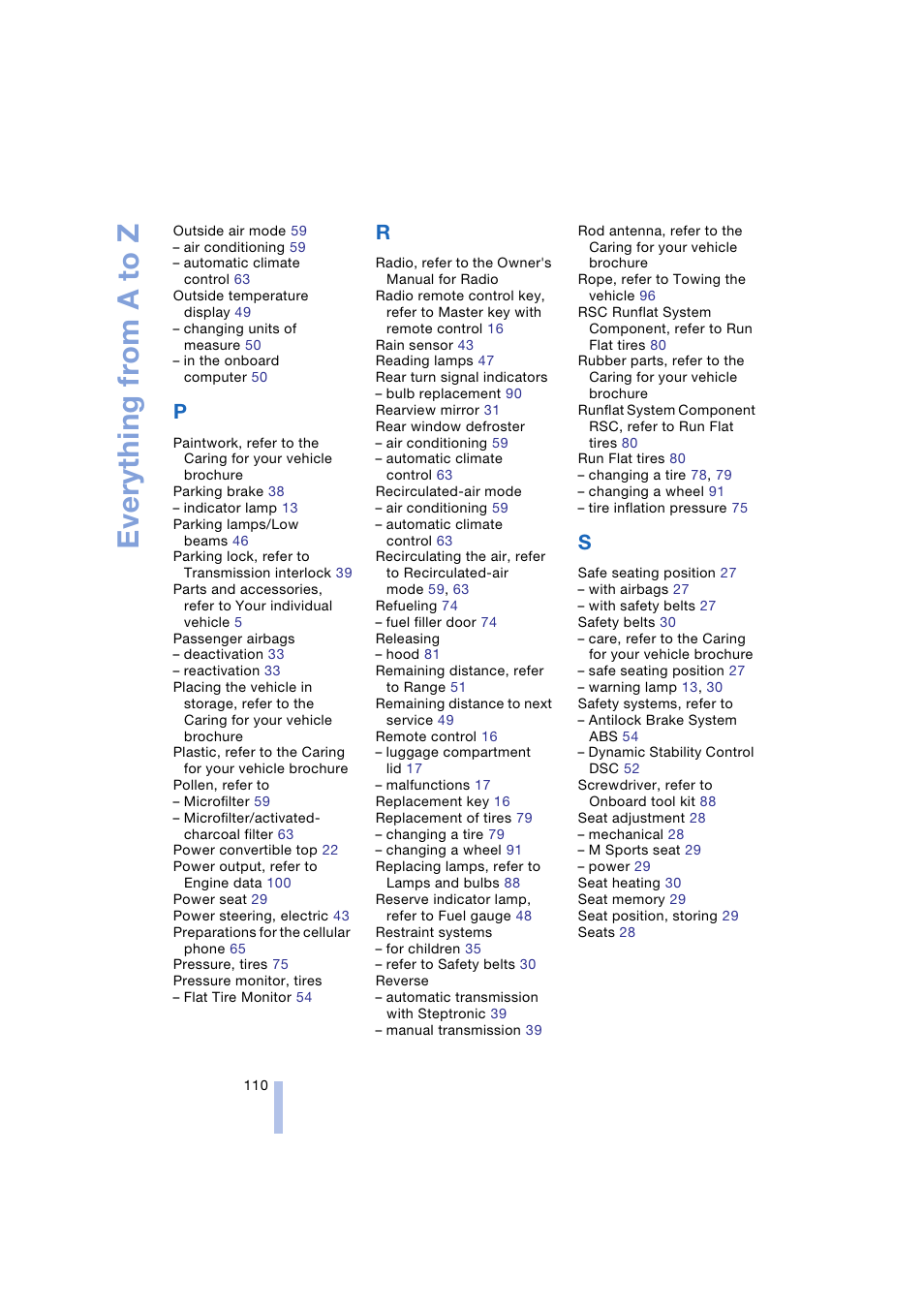 Everything from a to z | BMW Z4 Roadster 2.5i 2004 User Manual | Page 112 / 120