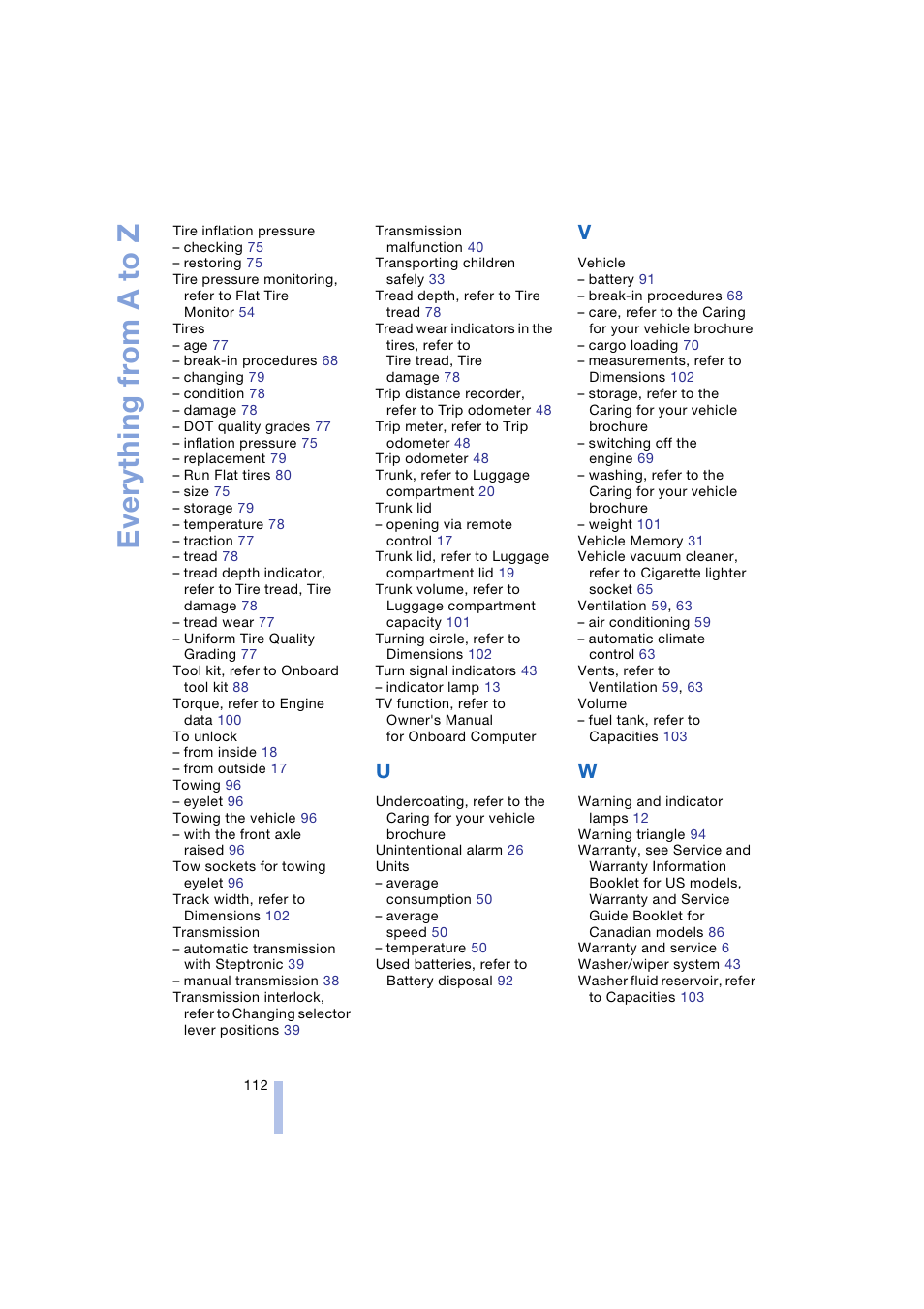 Everything from a to z | BMW Z4 Roadster 2.5i 2004 User Manual | Page 114 / 120