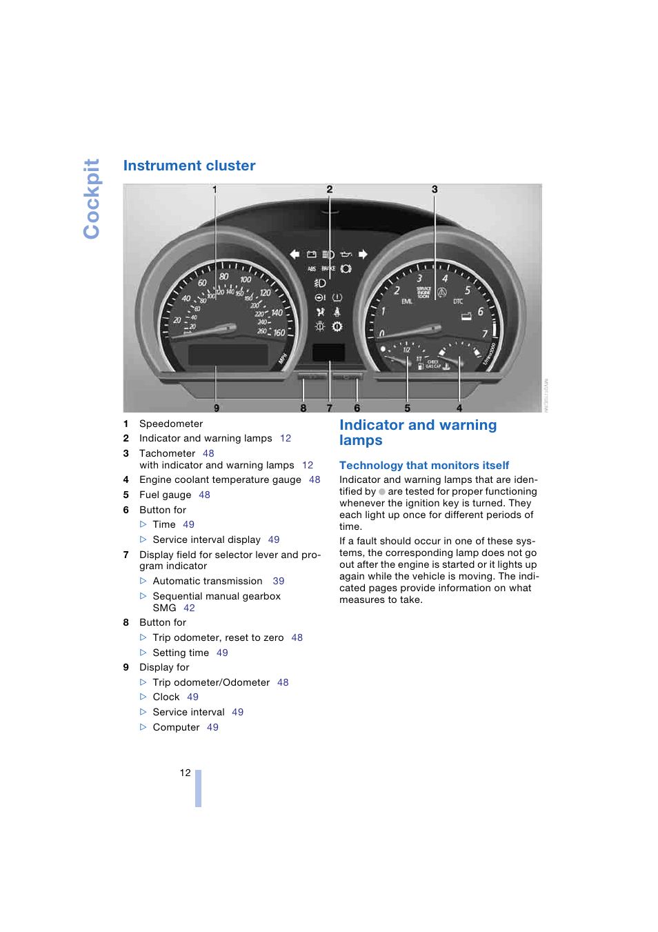 Instrument cluster, Indicator and warning lamps, Cockpit | BMW Z4 Roadster 2.5i 2004 User Manual | Page 14 / 120