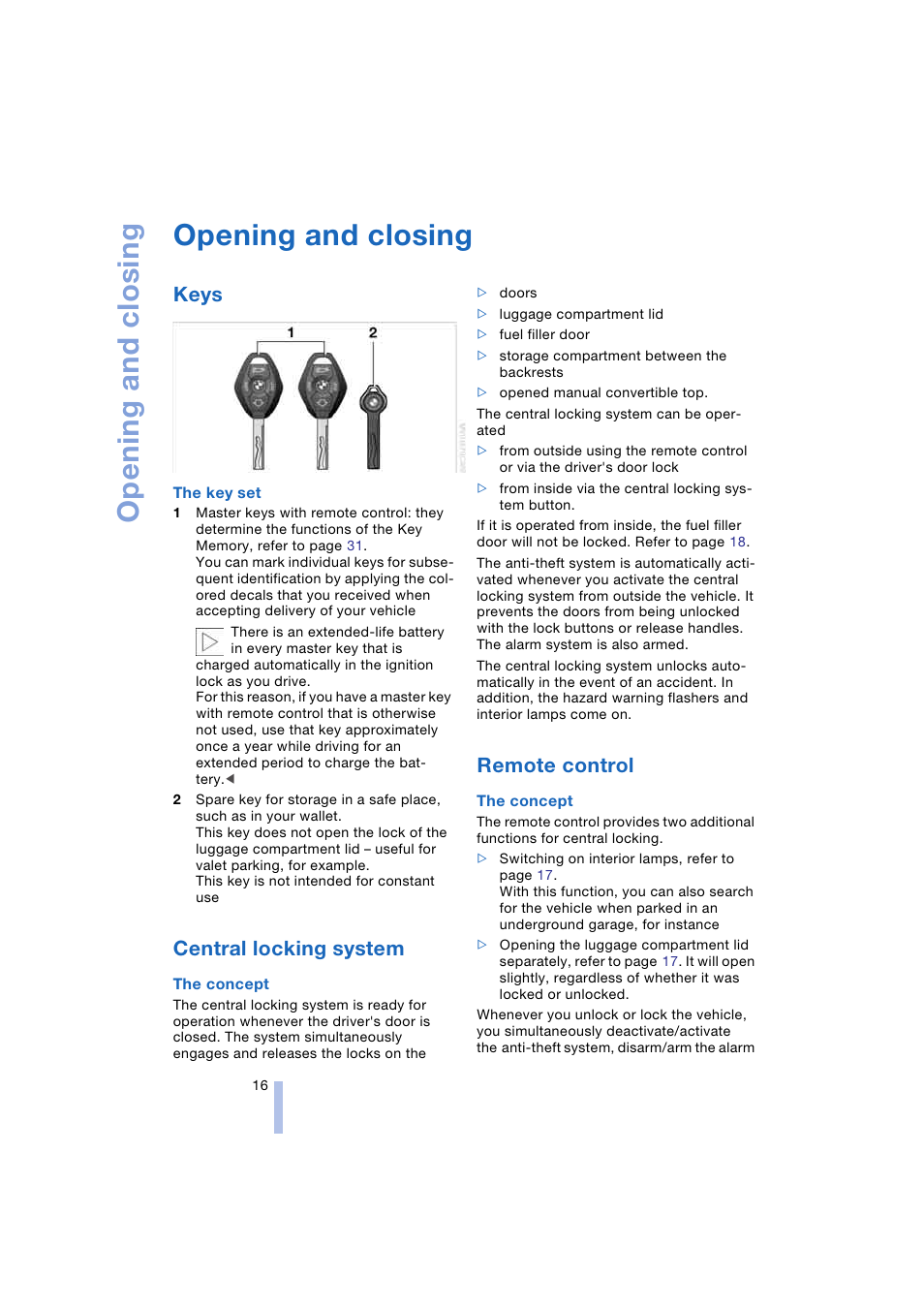 Opening and closing, Keys, Central locking system | Remote control, Controls | BMW Z4 Roadster 2.5i 2004 User Manual | Page 18 / 120