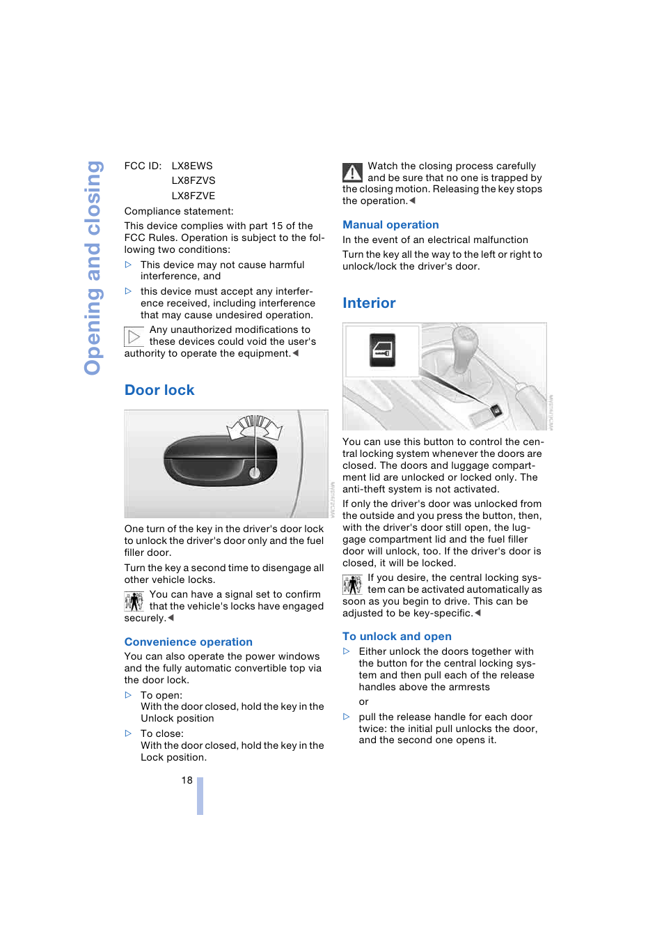 Door lock, Interior, Central locking system | Opening and closing | BMW Z4 Roadster 2.5i 2004 User Manual | Page 20 / 120