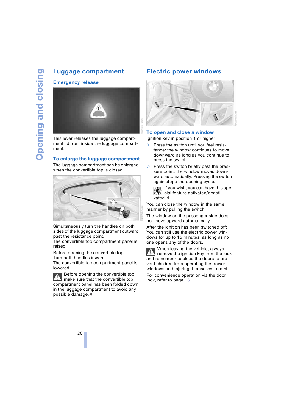 Luggage compartment, Electric power windows, Opening and closing | BMW Z4 Roadster 2.5i 2004 User Manual | Page 22 / 120