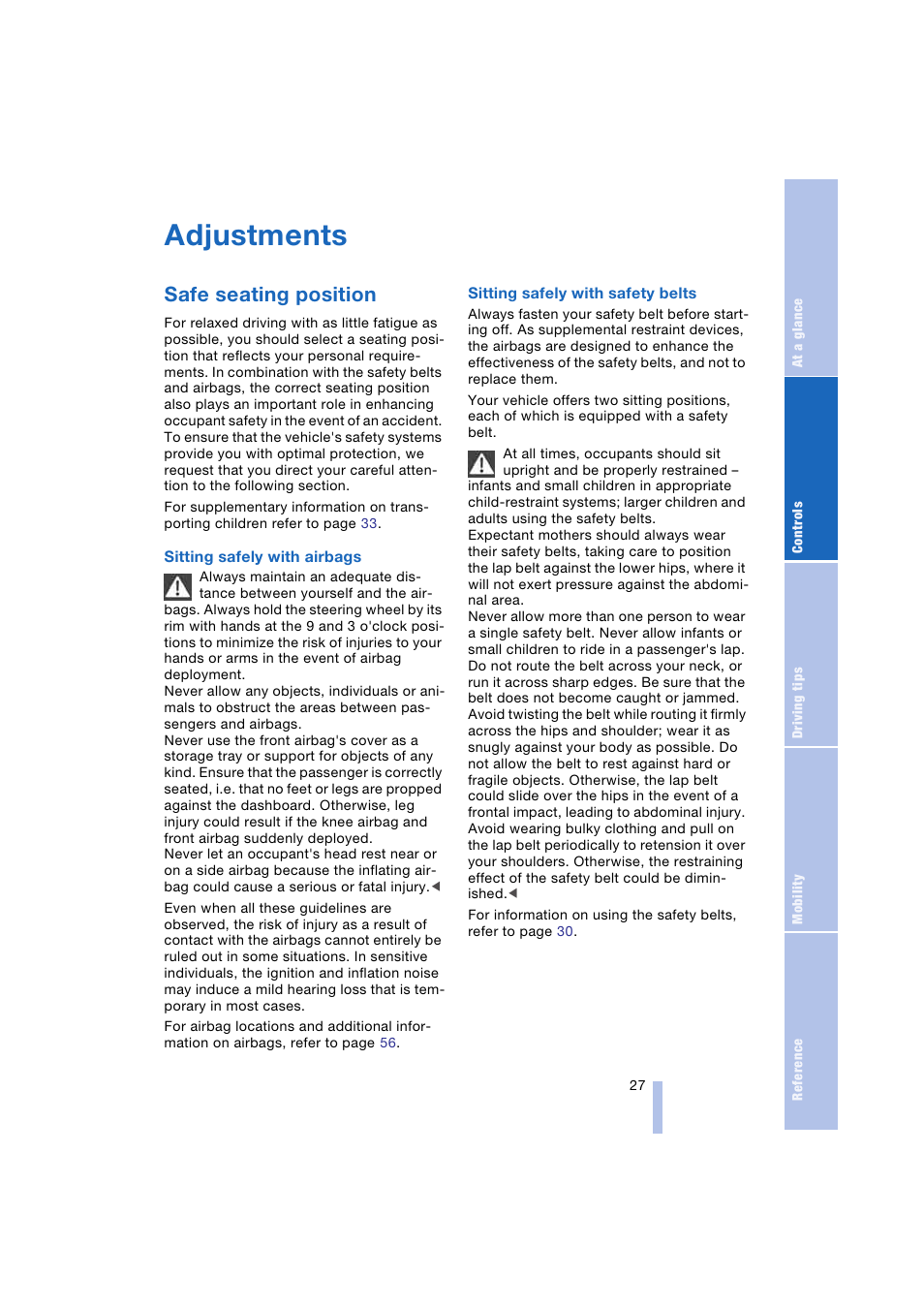 Adjustments, Safe seating position | BMW Z4 Roadster 2.5i 2004 User Manual | Page 29 / 120