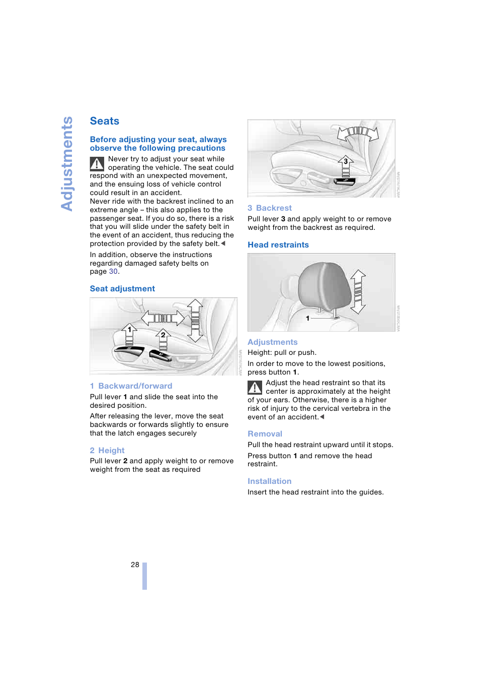 Seats, Adjustments | BMW Z4 Roadster 2.5i 2004 User Manual | Page 30 / 120