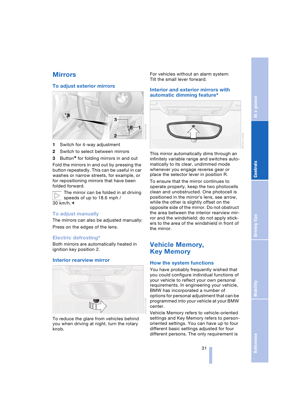 Mirrors, Vehicle memory, key memory | BMW Z4 Roadster 2.5i 2004 User Manual | Page 33 / 120