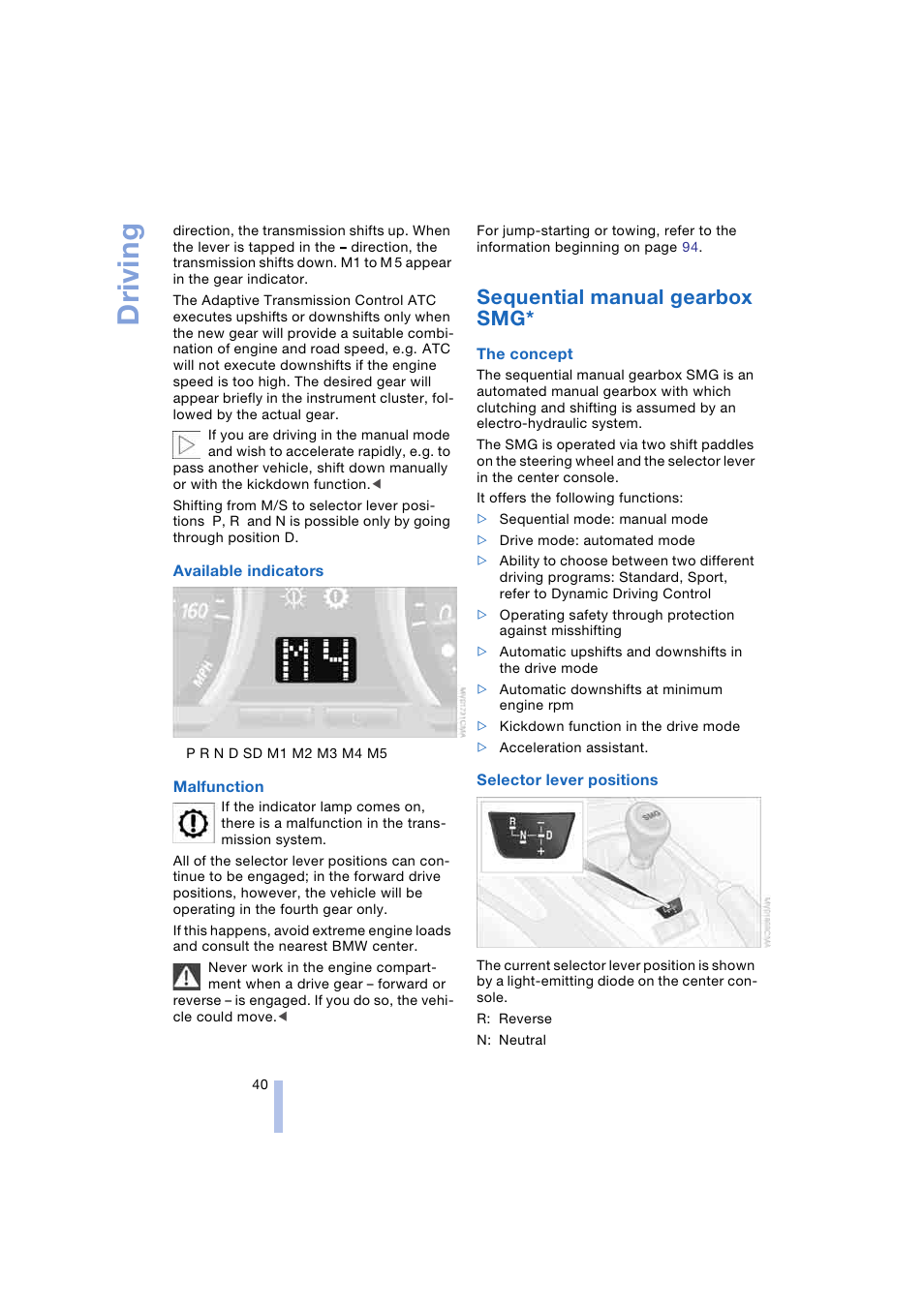 Sequential manual gearbox smg, Driving | BMW Z4 Roadster 2.5i 2004 User Manual | Page 42 / 120