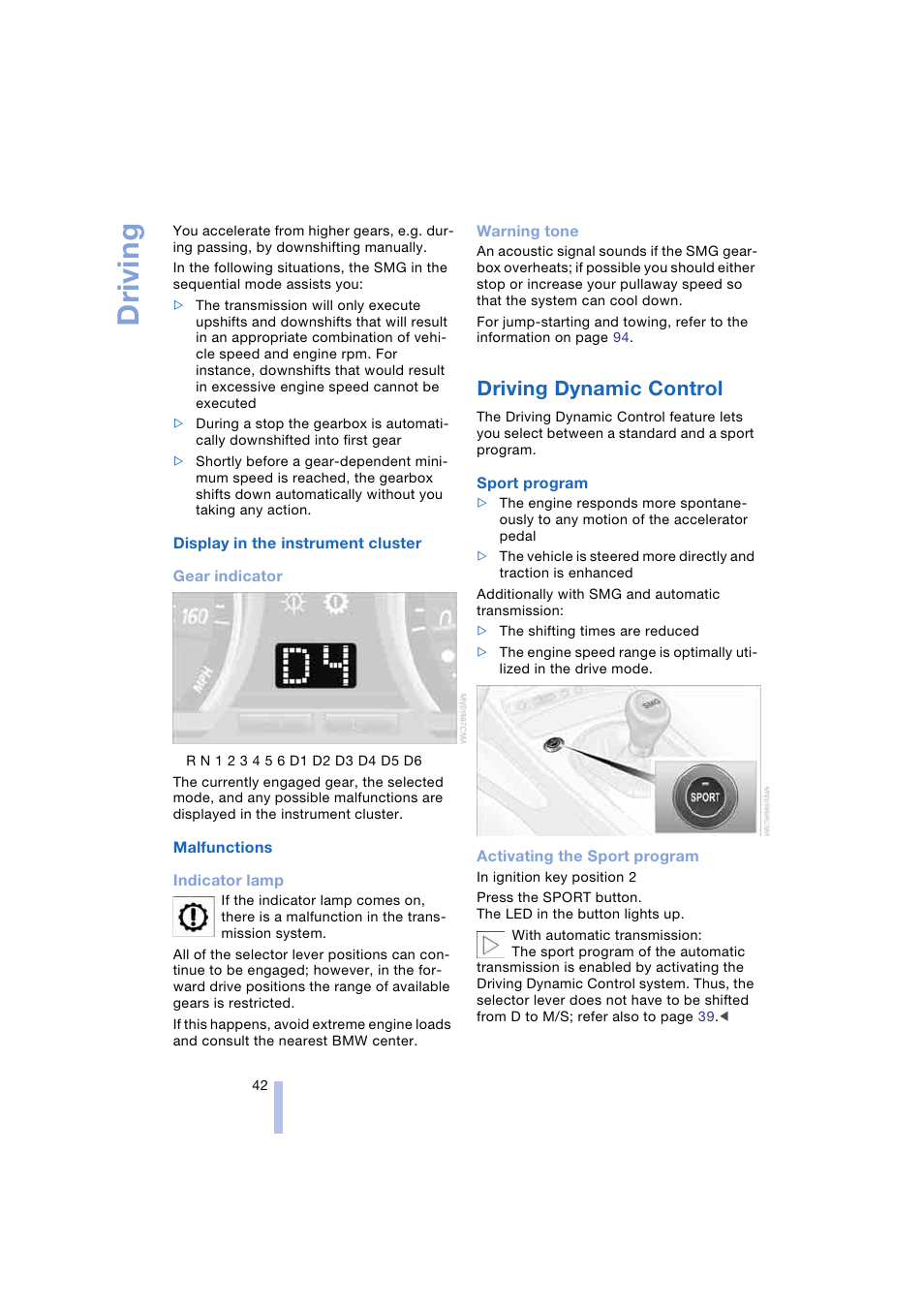 Driving dynamic control, Driving | BMW Z4 Roadster 2.5i 2004 User Manual | Page 44 / 120