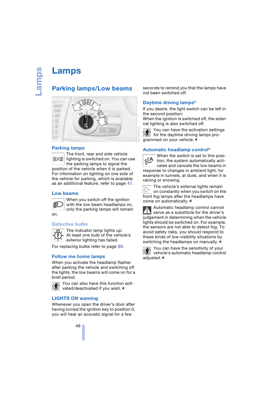 Lamps, Parking lamps/low beams, Defective bulbs | BMW Z4 Roadster 2.5i 2004 User Manual | Page 48 / 120