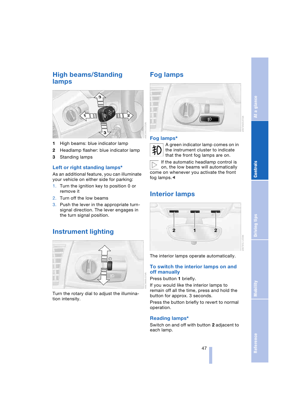 High beams/standing lamps, Instrument lighting, Fog lamps | Interior lamps, Standing lamps, High beams | BMW Z4 Roadster 2.5i 2004 User Manual | Page 49 / 120