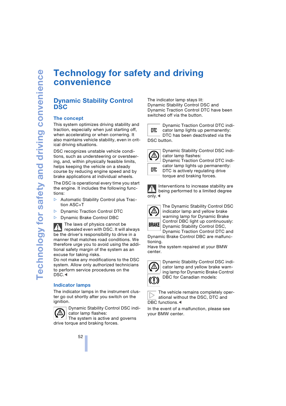 Technology for safety and driving convenience, Dynamic stability control dsc | BMW Z4 Roadster 2.5i 2004 User Manual | Page 54 / 120