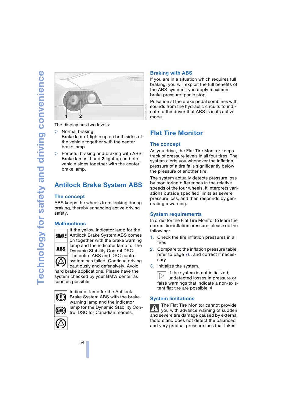 Antilock brake system abs, Flat tire monitor, Technology for safety and driving convenience | BMW Z4 Roadster 2.5i 2004 User Manual | Page 56 / 120