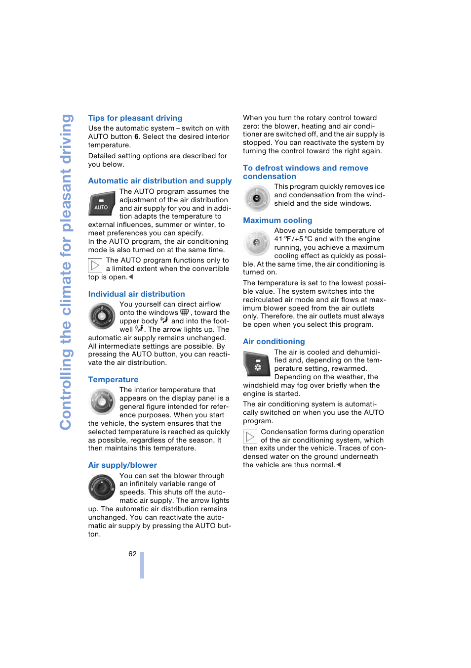 Individual air distribution, Supply, Air supply/blower | Temperature, Controlling the climate for pleasant driving | BMW Z4 Roadster 2.5i 2004 User Manual | Page 64 / 120