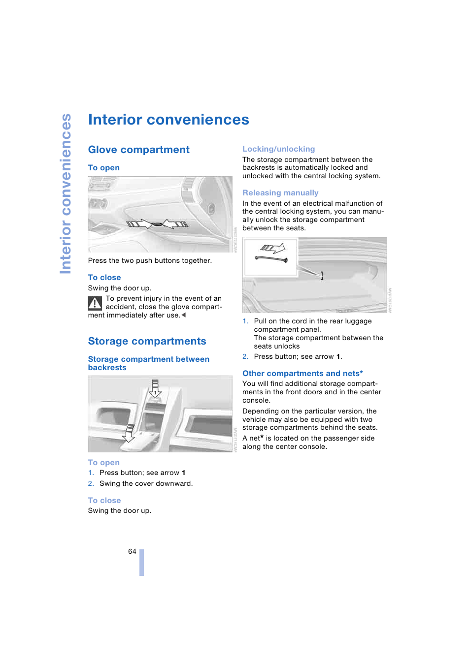 Interior conveniences, Glove compartment, Storage compartments | BMW Z4 Roadster 2.5i 2004 User Manual | Page 66 / 120