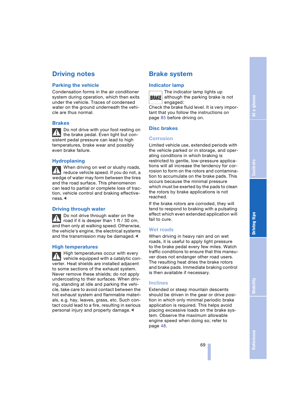 Driving notes, Brake system | BMW Z4 Roadster 2.5i 2004 User Manual | Page 71 / 120