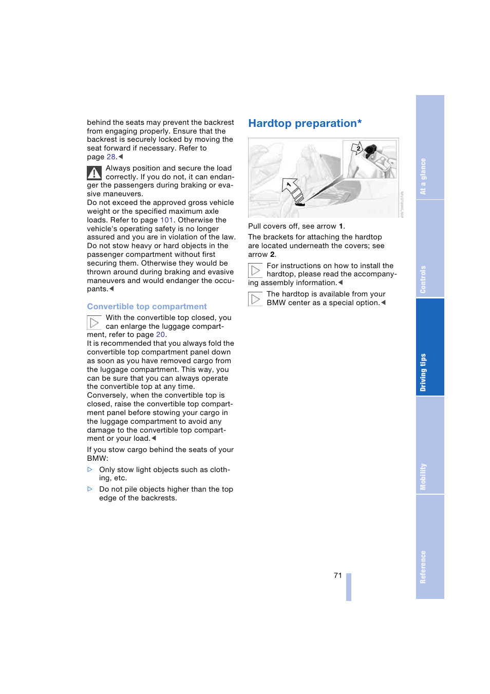 Hardtop preparation | BMW Z4 Roadster 2.5i 2004 User Manual | Page 73 / 120