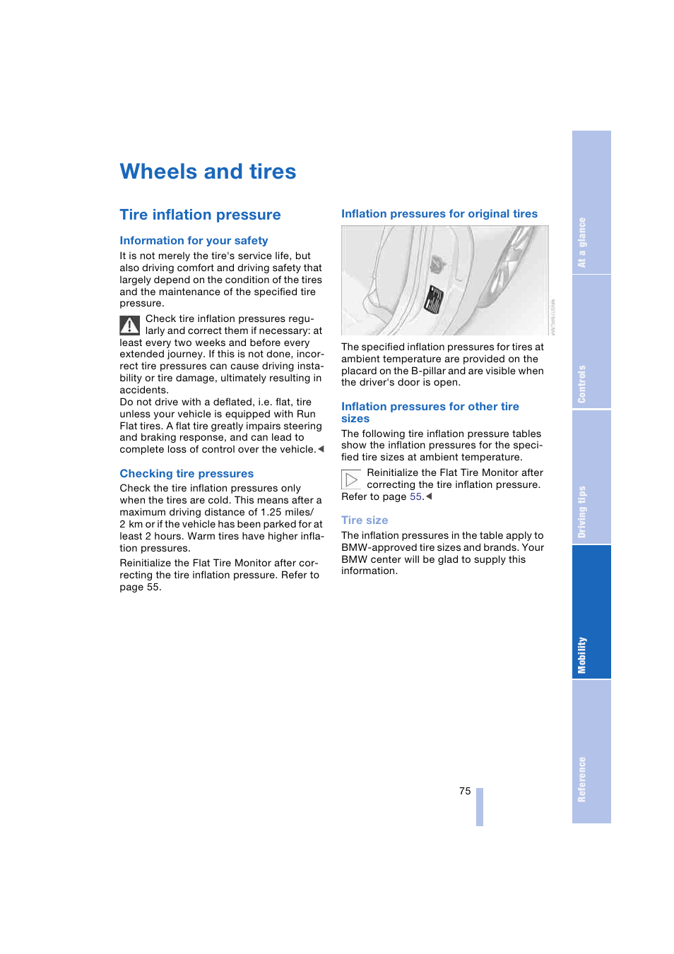 Wheels and tires, Tire inflation pressure | BMW Z4 Roadster 2.5i 2004 User Manual | Page 77 / 120