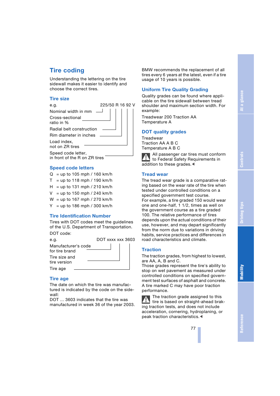 Tire coding | BMW Z4 Roadster 2.5i 2004 User Manual | Page 79 / 120