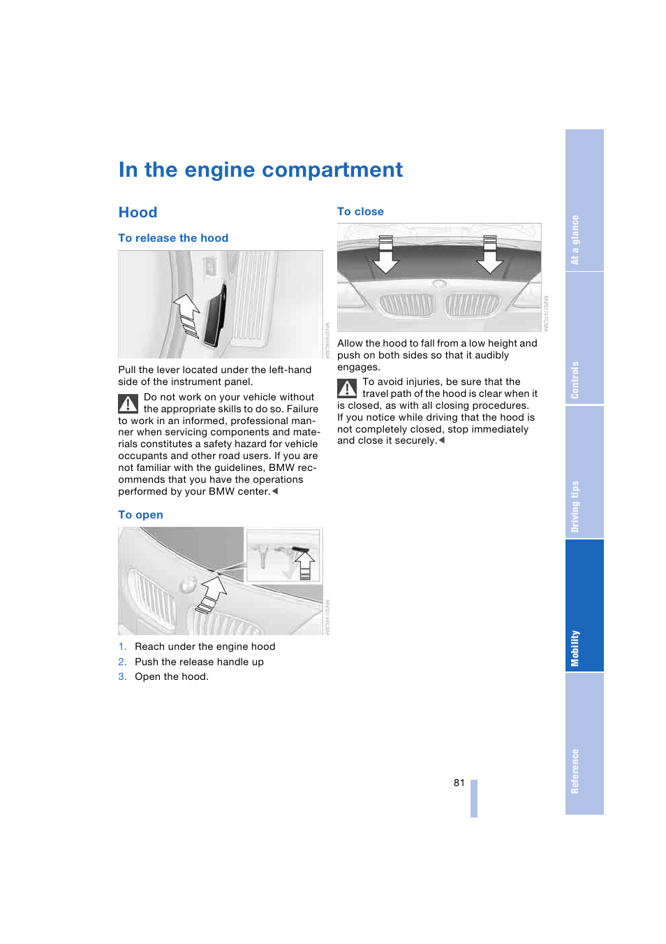 In the engine compartment, Hood | BMW Z4 Roadster 2.5i 2004 User Manual | Page 83 / 120