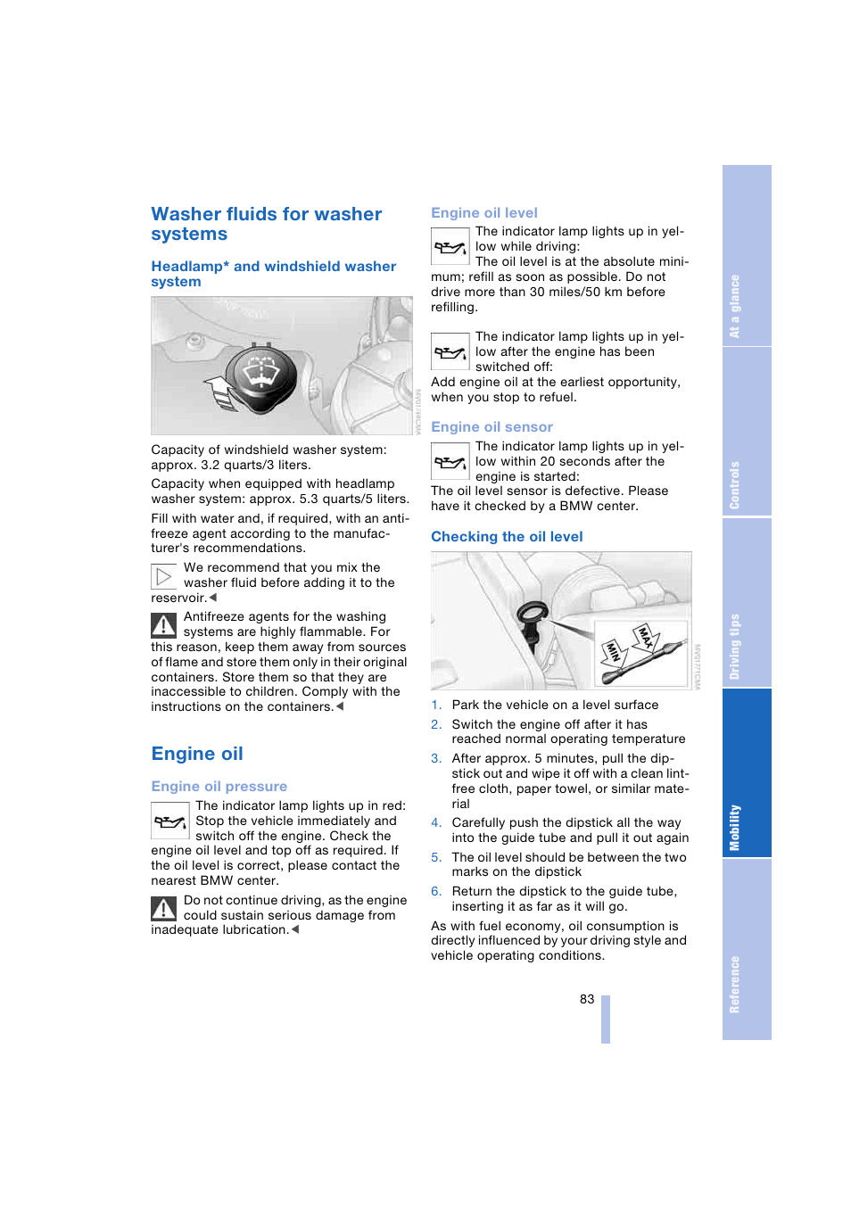 Washer fluids for washer systems, Engine oil, Shield washer system 83 | BMW Z4 Roadster 2.5i 2004 User Manual | Page 85 / 120