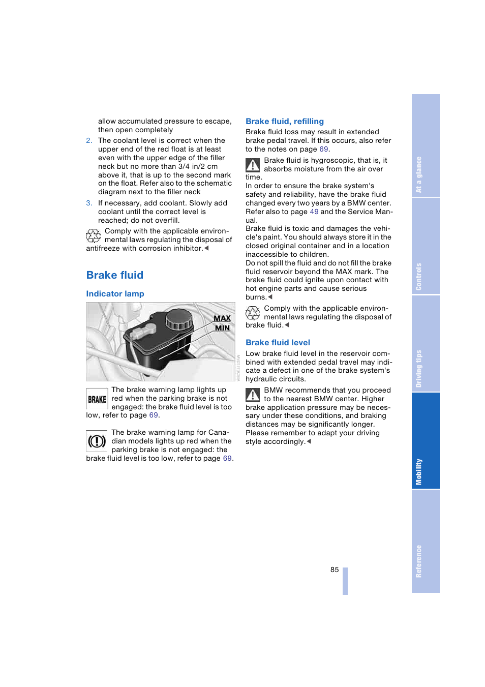 Brake fluid, Before driving on, Reservoir for brake fluid 85 | BMW Z4 Roadster 2.5i 2004 User Manual | Page 87 / 120