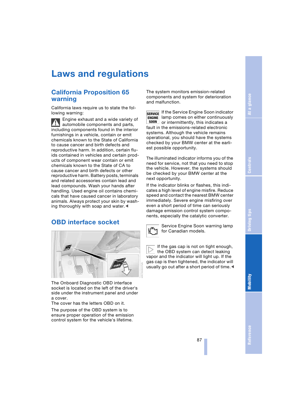 Laws and regulations, California proposition 65 warning, Obd interface socket | BMW Z4 Roadster 2.5i 2004 User Manual | Page 89 / 120