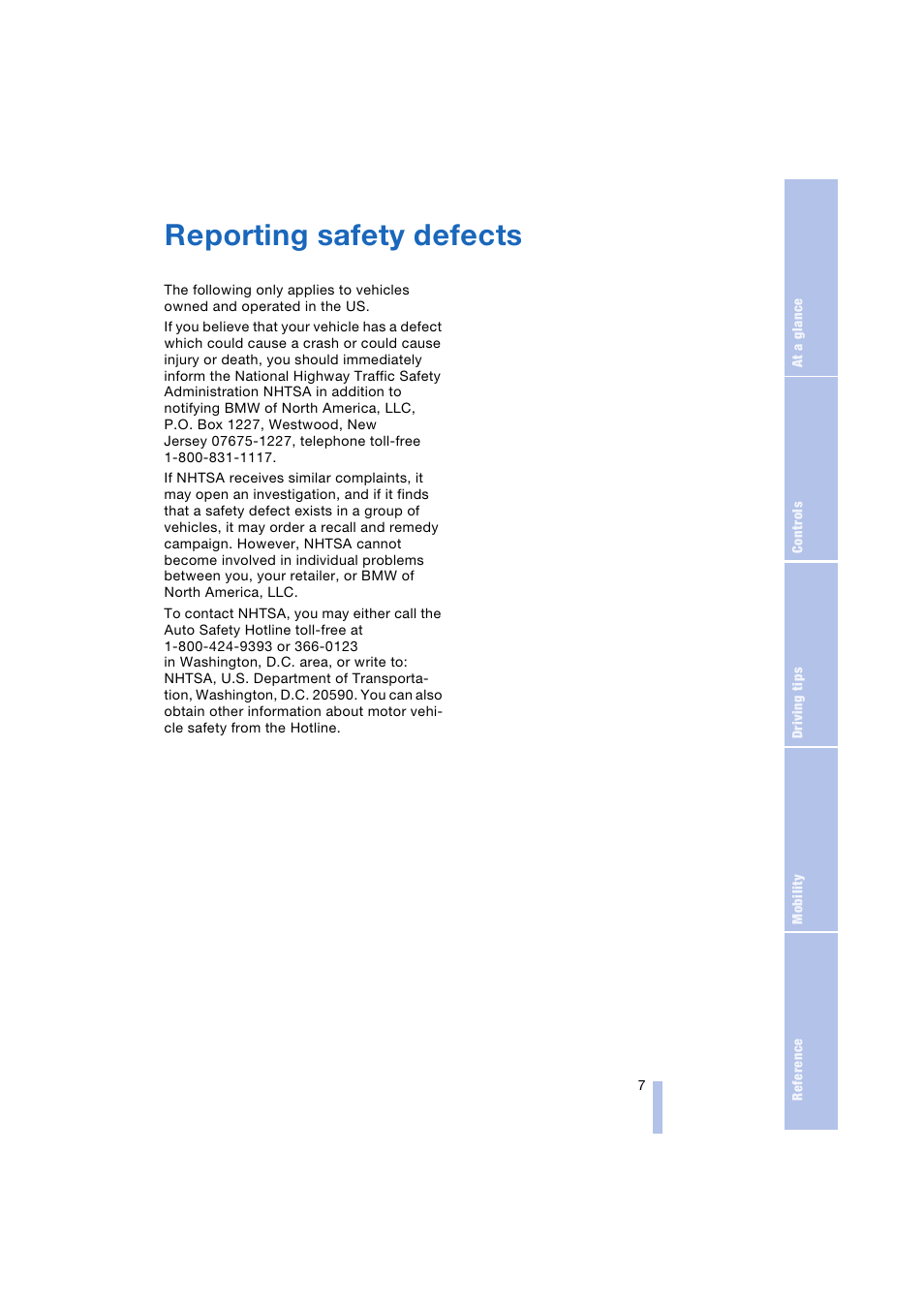 Reporting safety defects | BMW Z4 Roadster 2.5i 2004 User Manual | Page 9 / 120