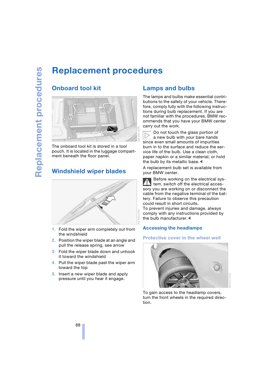 Replacement procedures, Onboard tool kit, Windshield wiper blades | Lamps and bulbs | BMW Z4 Roadster 2.5i 2004 User Manual | Page 90 / 120