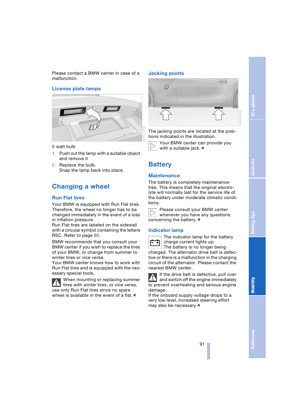 Changing a wheel, Battery | BMW Z4 Roadster 2.5i 2004 User Manual | Page 93 / 120