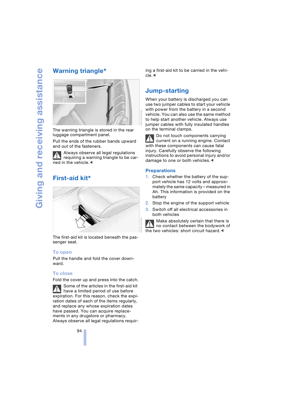 Warning triangle, First-aid kit, Jump-starting | Giving and receiving assistance | BMW Z4 Roadster 2.5i 2004 User Manual | Page 96 / 120