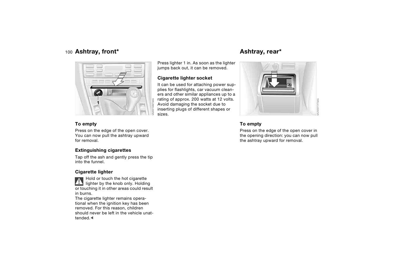 Ashtray, front, Ashtray, rear | BMW M3 Coupe 2004 User Manual | Page 100 / 170