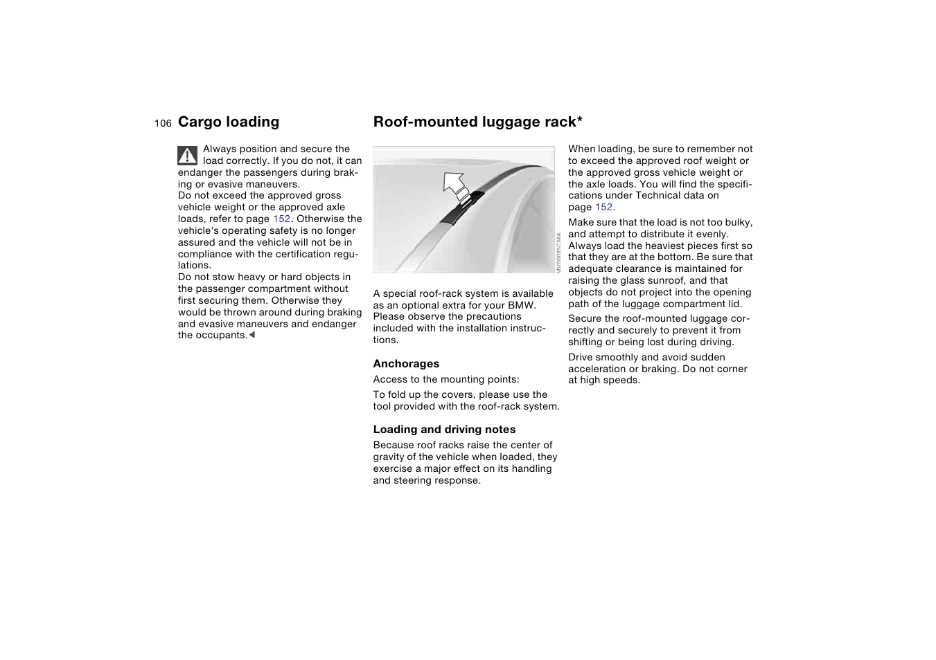 Roof-mounted luggage rack, Roof-mounted luggage, Rack | Cargo loading | BMW M3 Coupe 2004 User Manual | Page 106 / 170