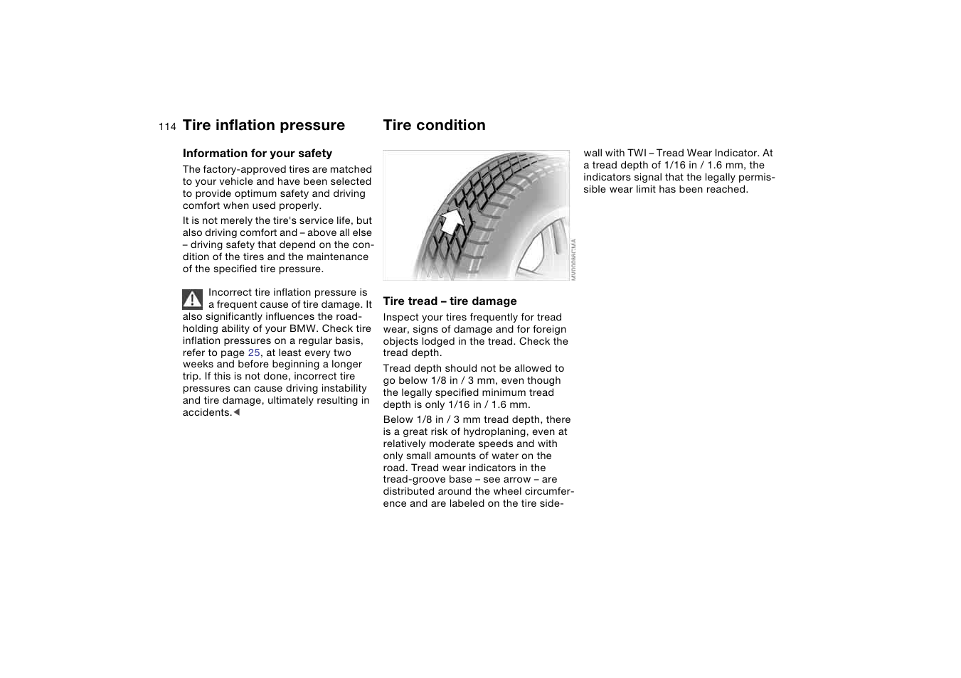 Wheels and tires, Tire inflation pressure, Tire condition | BMW M3 Coupe 2004 User Manual | Page 114 / 170