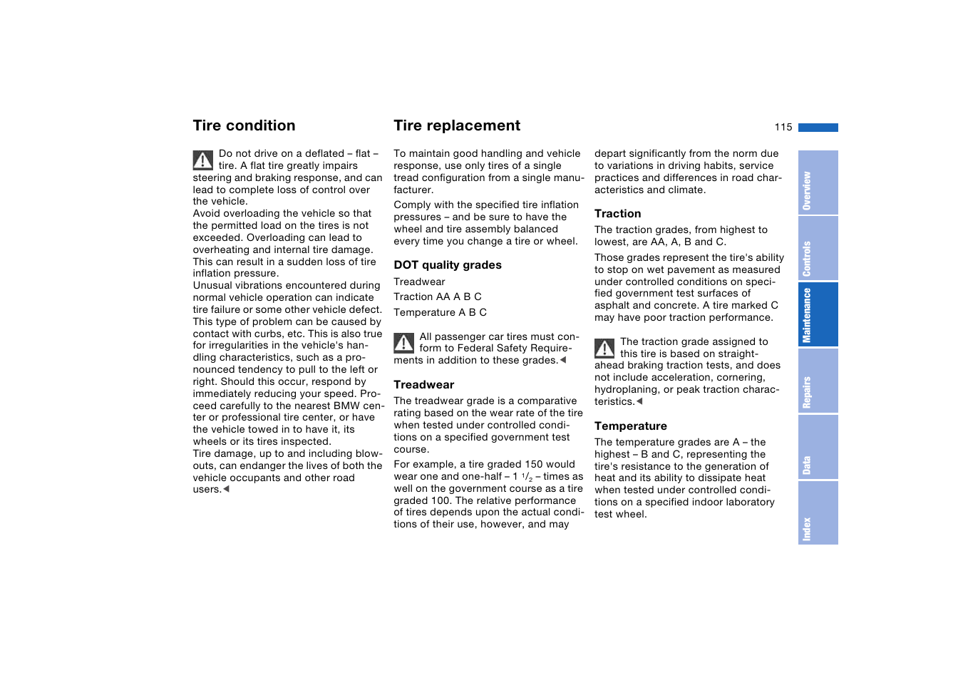 Tire replacement, Tire condition | BMW M3 Coupe 2004 User Manual | Page 115 / 170