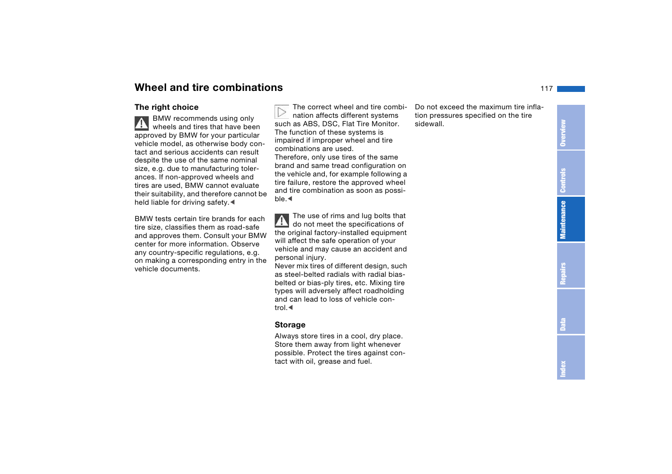 Wheel and tire combinations, Wheel and tire, Combinations | BMW M3 Coupe 2004 User Manual | Page 117 / 170