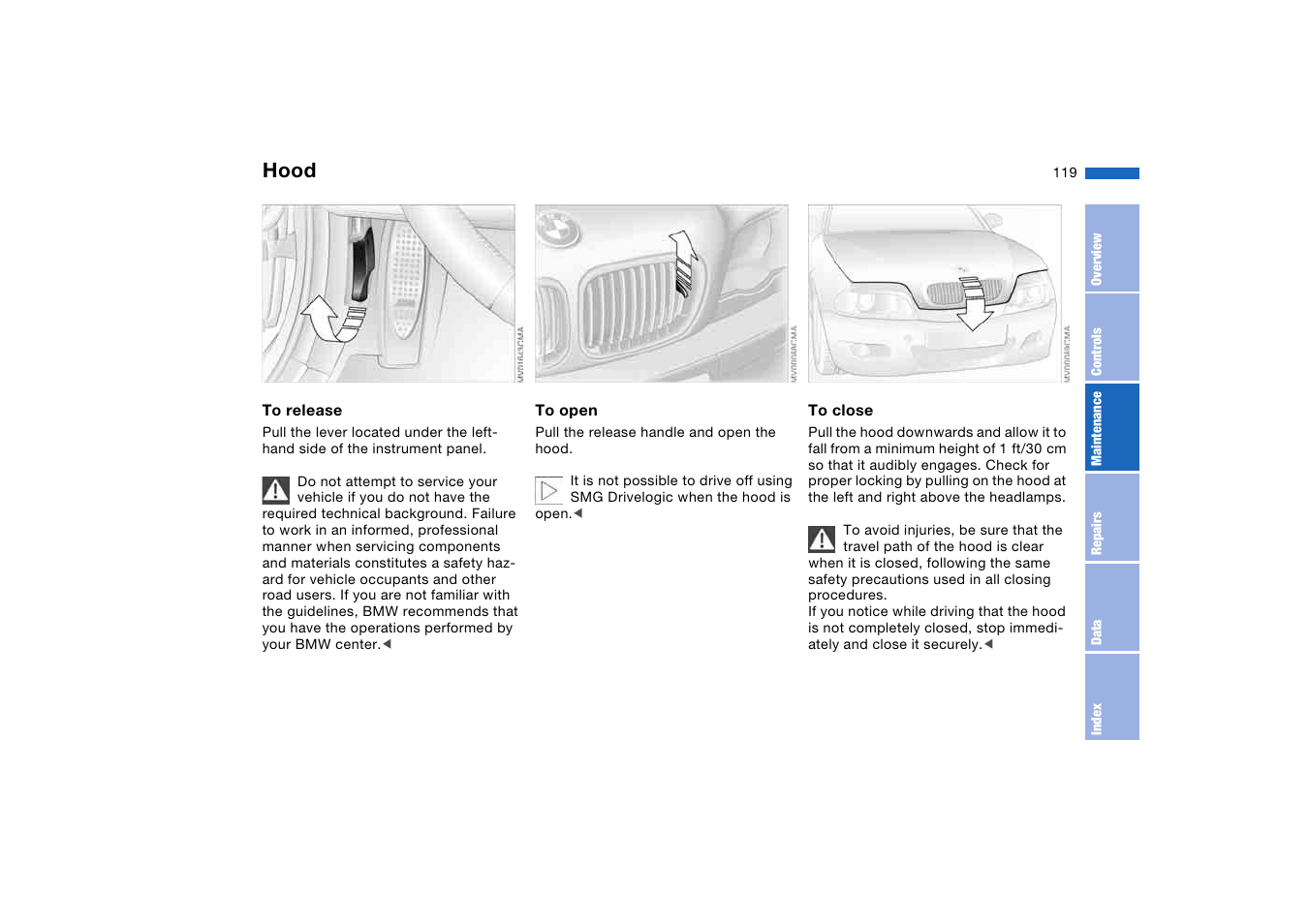 In the engine compartment, Hood | BMW M3 Coupe 2004 User Manual | Page 119 / 170