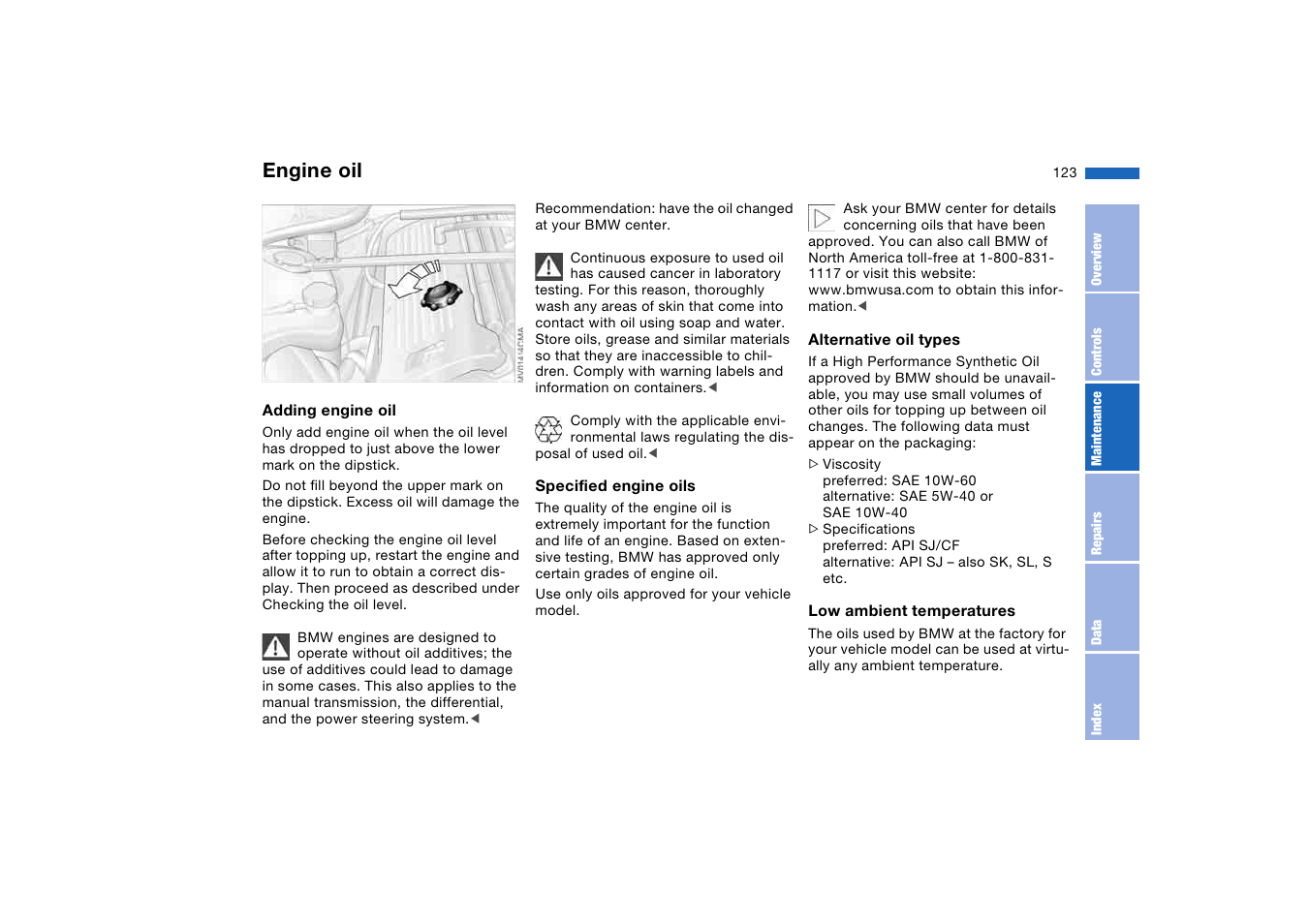 Engine oil filler neck, Engine oil | BMW M3 Coupe 2004 User Manual | Page 123 / 170