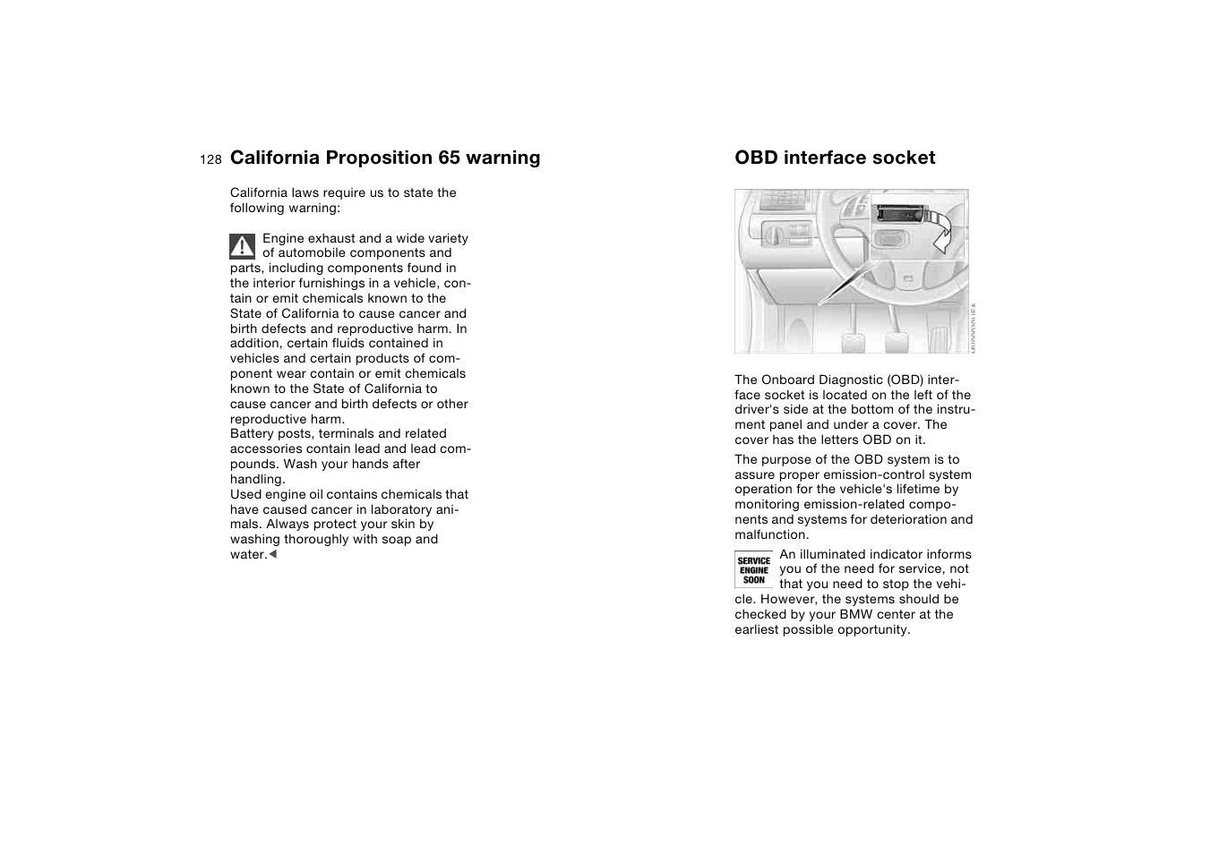 Laws and regulations, California proposition 65 warning, Obd interface socket | California proposition 65, Warning | BMW M3 Coupe 2004 User Manual | Page 128 / 170