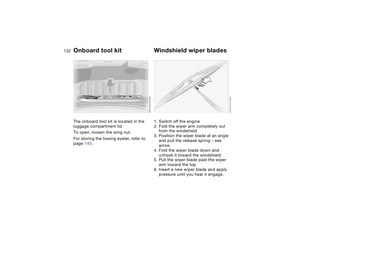 Replacement procedures, Onboard tool kit, Windshield wiper blades | BMW M3 Coupe 2004 User Manual | Page 132 / 170