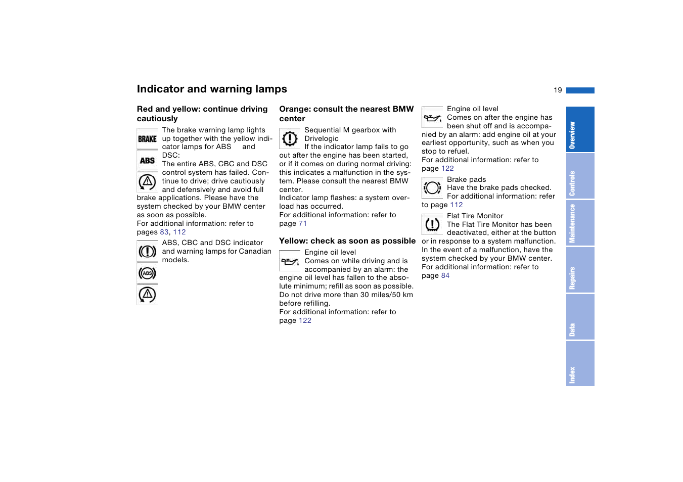 Indicator and warning lamps | BMW M3 Coupe 2004 User Manual | Page 19 / 170