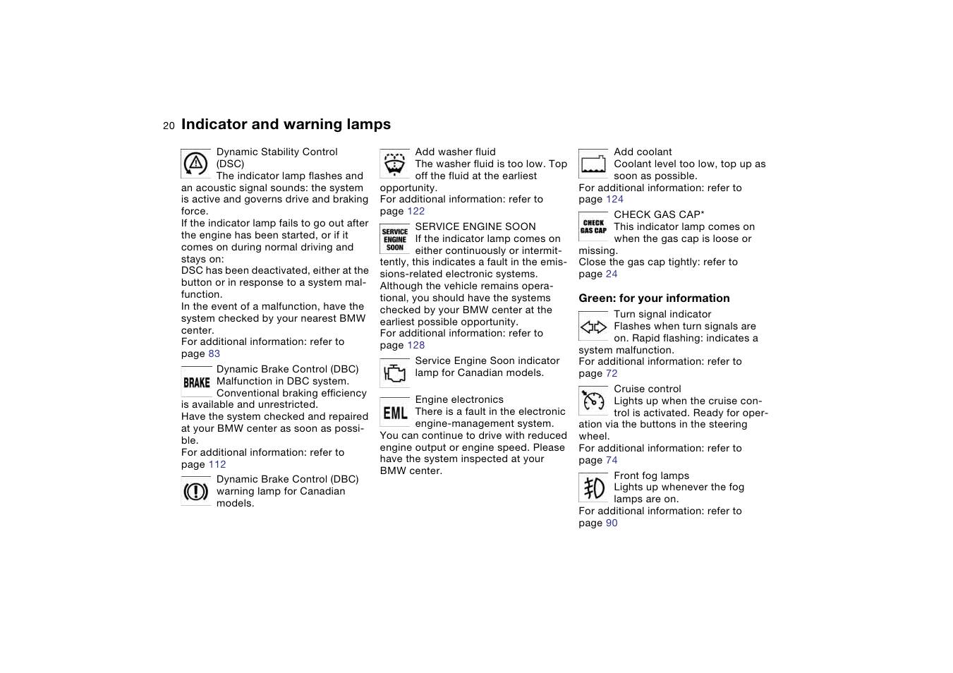 Indicator and warning lamps | BMW M3 Coupe 2004 User Manual | Page 20 / 170