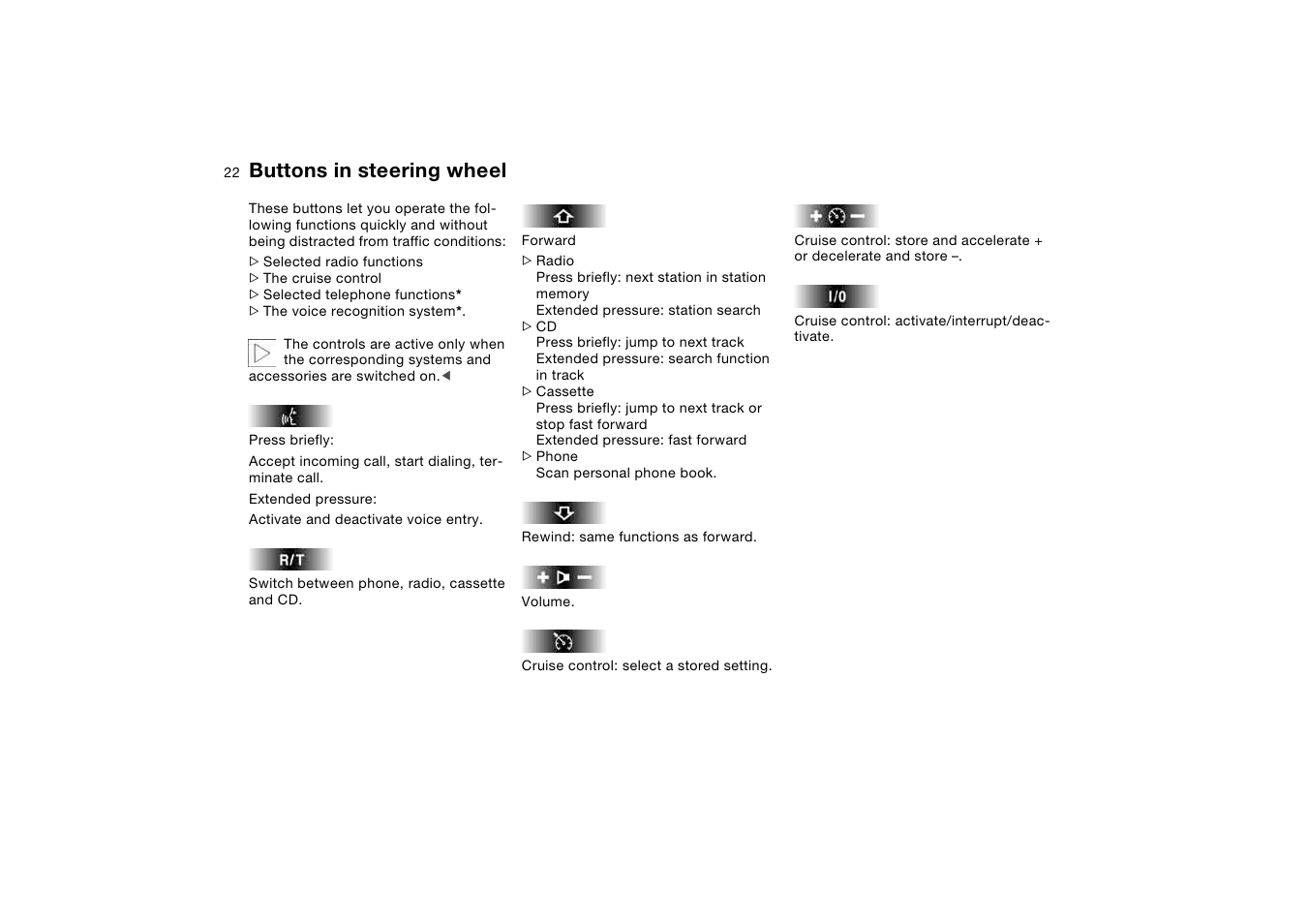 Buttons in steering wheel | BMW M3 Coupe 2004 User Manual | Page 22 / 170