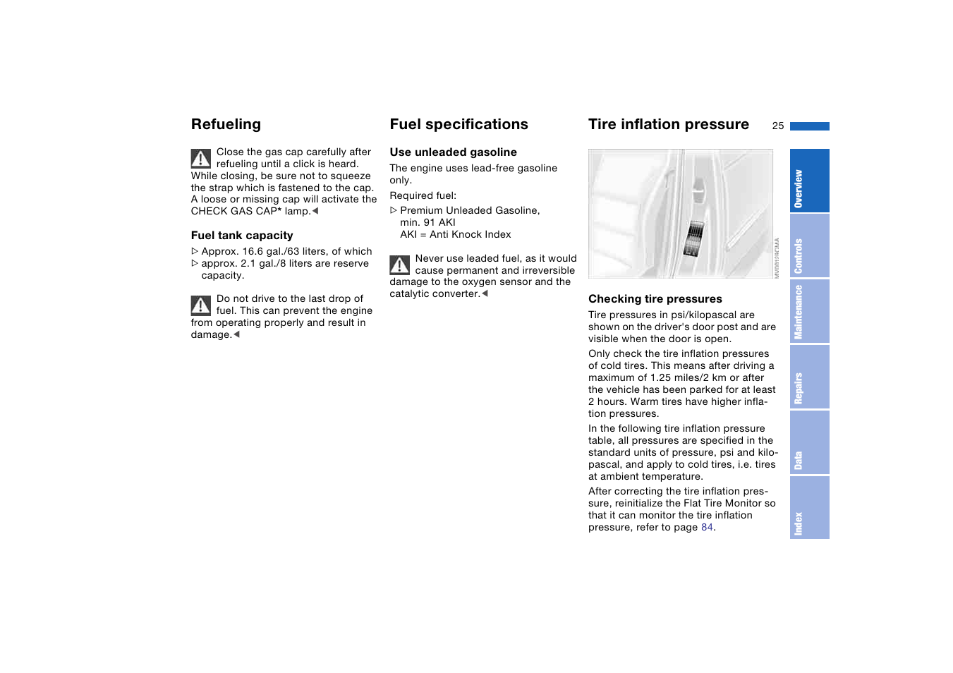 Fuel specifications, Tire inflation pressure, Refueling | BMW M3 Coupe 2004 User Manual | Page 25 / 170