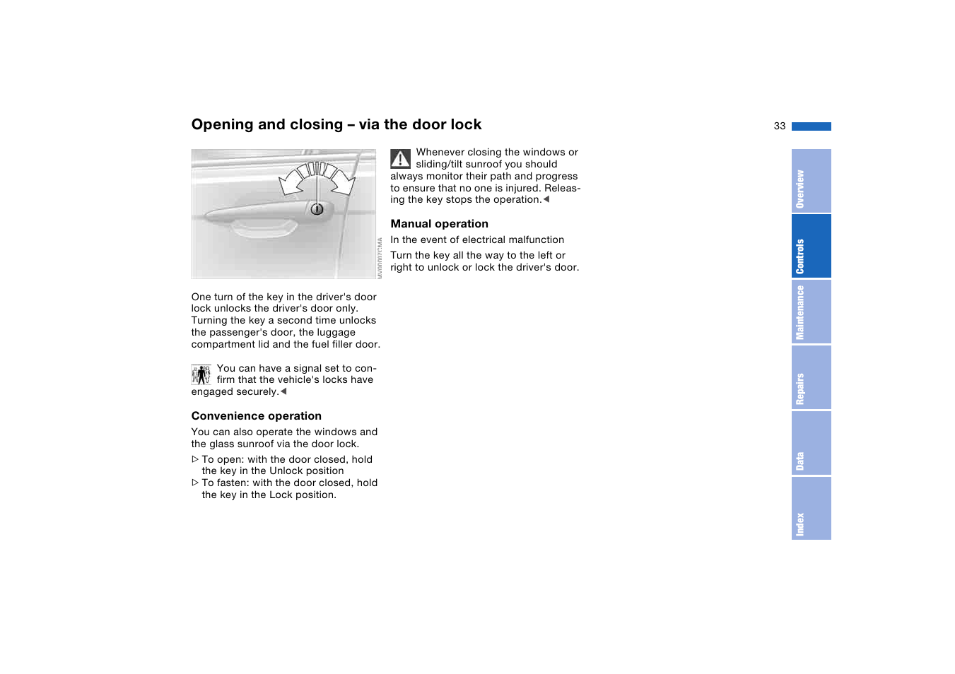 Opening and closing – via the door lock, Opening and closing – via the, Door lock | BMW M3 Coupe 2004 User Manual | Page 33 / 170