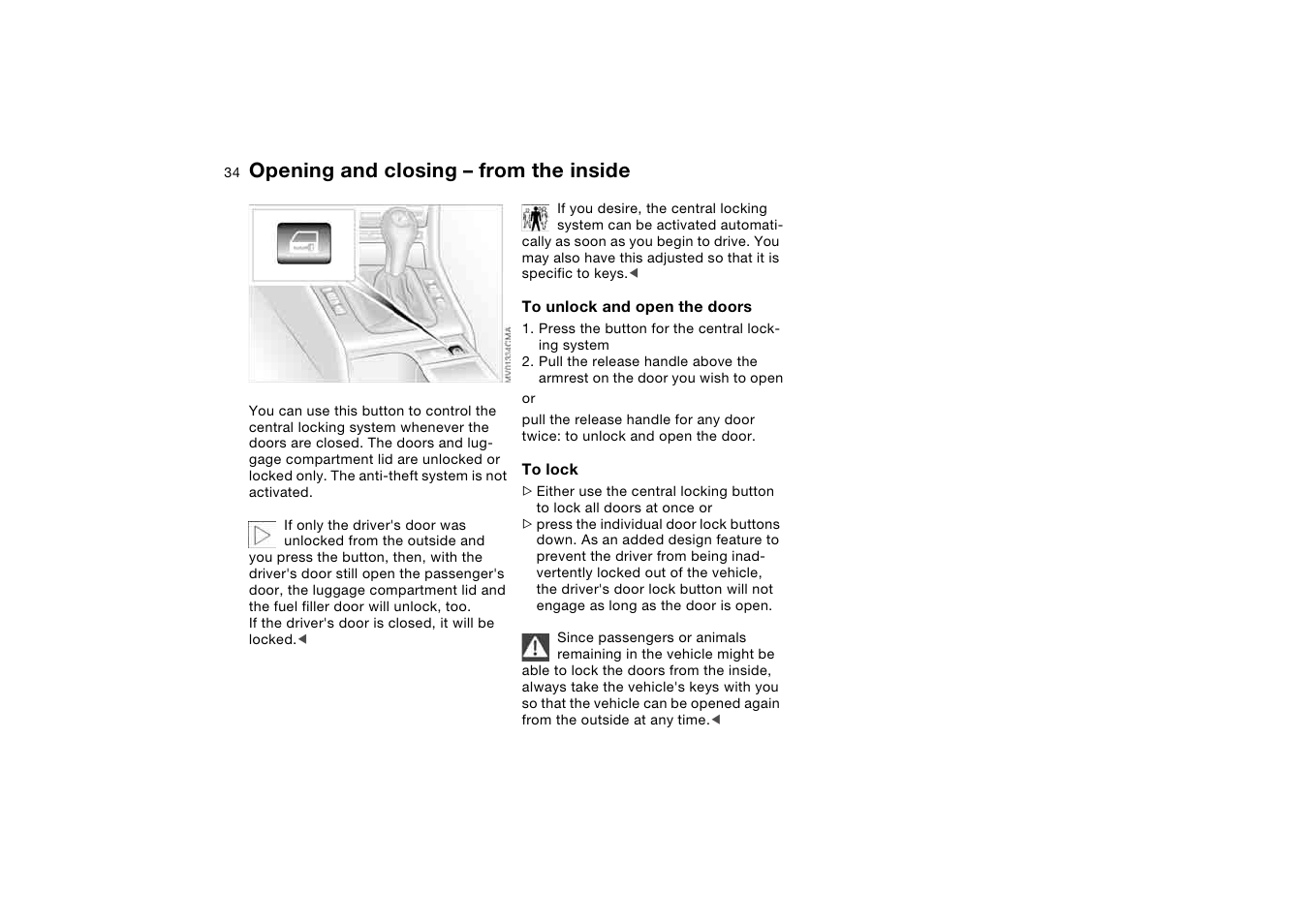 Opening and closing – from the inside, Opening and closing – from the, Inside | BMW M3 Coupe 2004 User Manual | Page 34 / 170