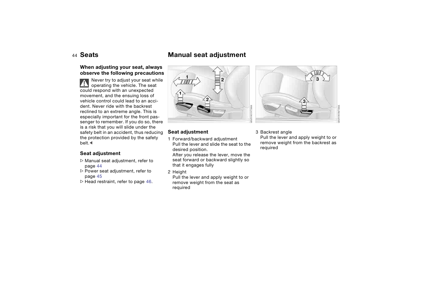 Seats, Manual seat adjustment | BMW M3 Coupe 2004 User Manual | Page 44 / 170